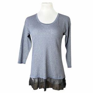 August Silk Gray Metallic & Black Ruffle 3/4 Sleeve Blouse - Size Small